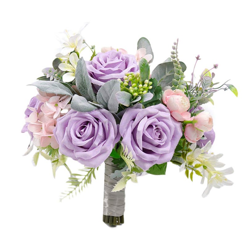 Fiwisora Bridal Holding Wedding Bouquet Fabric Lavender Pink Rose Peony Mix Flowers Bridal Throw Bouquet for Wedding Brides Bridesmaid Hold Flower - Image 1